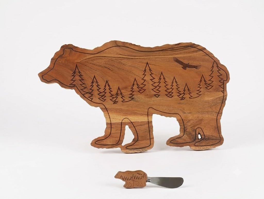 IHI EST. 1986 Bear Shaped Wood Serving Tray with Matching Spreader, 16 x 9.5 Inch Rustic Charcuterie Board, Woodland Appetizer Server for Cabin Décor and Entertaining