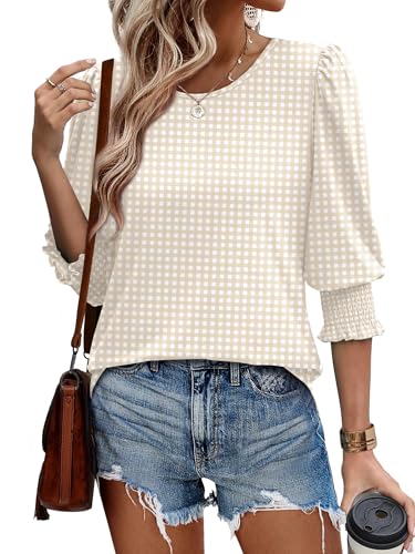 Image of XIEERDUO Blouses for Women Dressy Casual 3 /4 Length Sleeve Womens Tops with Smocked Cuffs
