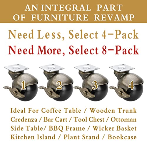 Jgjc Casters Set Of 4, Antique Brass Casters With Brake, 2 Inch Ball Castor Wheels For Furniture Casters Vintage Wheels Heavy Duty, Table Caster With 360 Degree Swivel Top Plate #TOP2