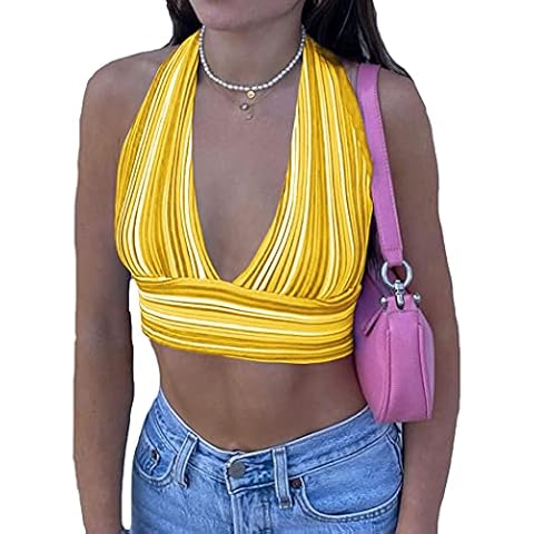 Y2K Sexy Deep V Neck Knit Halter Crop Cami Top Women Tie Back Striped Sleeveless Backless Crop Top, Yellow, Small Cover