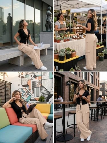 Image of Leriya Fashion Cargo Pants for Woman | Cargo Pants for Women Cotton Wide Leg Utility Fit Flap Pockets | Trousers Fors Women, Relaxed Fit Baggy Pant Airport Outfit for Womens Streetwear Attire