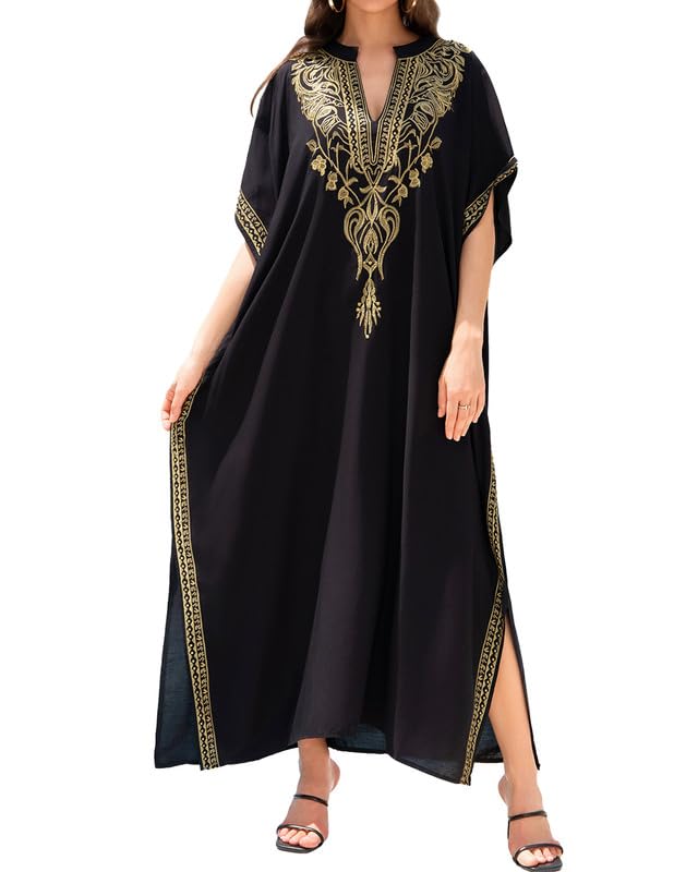 Bsubseach Women Embroidery Short Sleeve Bikini Swimsuit Cover Up Side Split Beach Kaftan Dress