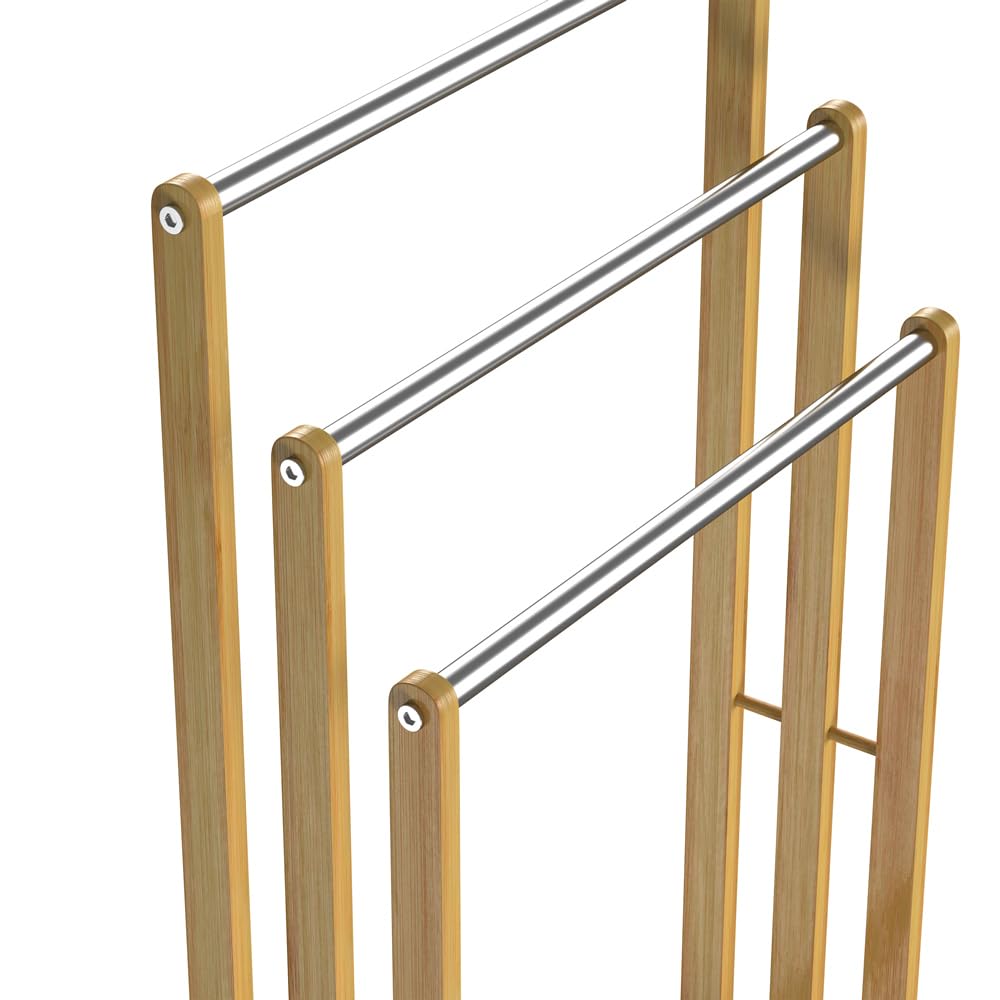Porte-Serviettes en Bambou sur Pied avec 3 Barres Support pour Serviettes Étagère de Salle de Bain