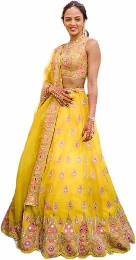 Womens Golakiya Saree's Yellow Color Georgette Semi-Stitched Lehenga Choli With Dupatta Set For Haldi Function, Wedding,Pa...