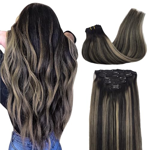 Image of GOO GOO Clip in Hair Extensions Real Human Hair, Remy Human Hair Extensions Clip ins for Women, Natural Human Hair, 14inch 120g 7Pcs, 1B /16 /1B Balayage Natural Black to Light Blonde