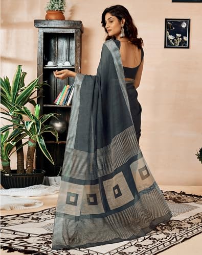 Image of SIRIL Women's Cotton Linen Printed Ready To Wear With Pocket Saree with Unstitched Blouse Piece