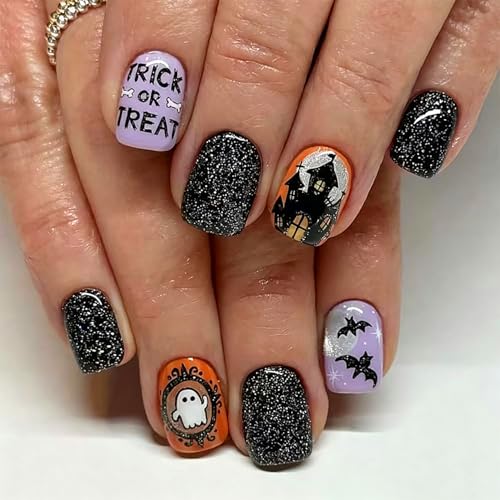 Halloween Press On Nails Short Square Fake Nails Ghost Bat False Nails With Glitter Design Stick On Nails Halloween Holiday Nails Press Ons Glossy Acrylic Glue On Nails For Women 24Pcs