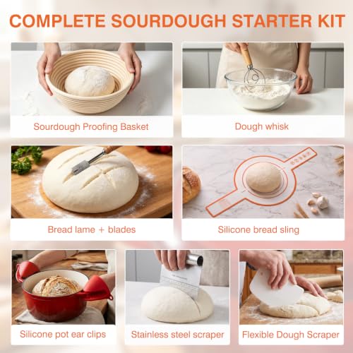 Image of Enameled Cast Iron Dutch Oven Pot with Lid 5.5QT, Sourdough Bread Baking Supplies with Banneton Bread Proofing Basket Set & Starter Jar, Unique Dutch Oven for Bread Baking (Gradient Red)
