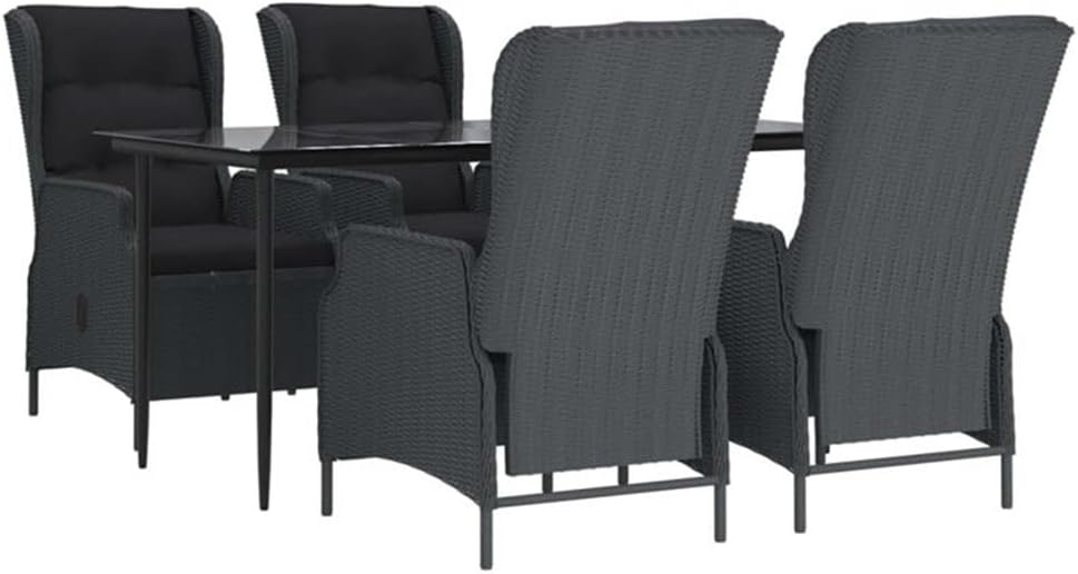BOWERY HILL 5-Piece Patio Dining Set, Poly Rattan Construction, Dark Gray/Black Finish, Weather Resistant with Cushioned Chairs and Tempered Glass Table, Contemporary Outdoor Garden Furniture