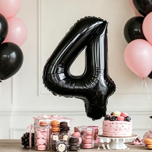Image of AULE 40 Inch Big Black 4 Balloon Number Large Foil Helium Number Balloons 0-9 Jumbo Giant Happy 4th Birthday Party Decorations for Boy or Girl Huge Mylar Anniversary Party Supplies