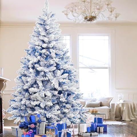 6FT Snow Flocked Christmas Tree with Automatic Open, Artificial Pine Tree with 900 Branch Tips for Home, Office, Holiday Party, Easy Assembly, Blue Cover