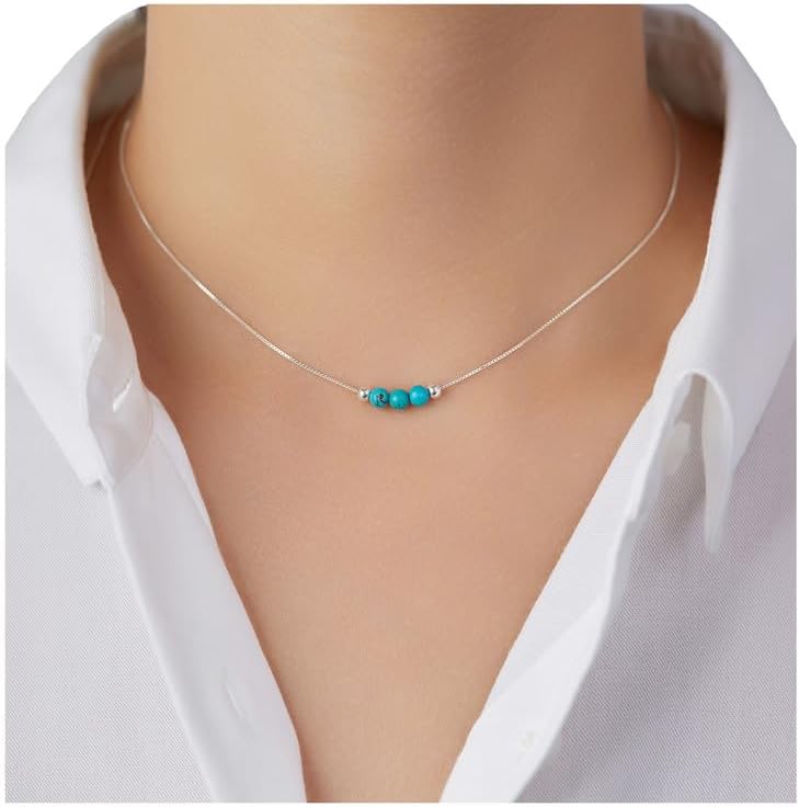 Dainty Crystal 925 Sterling Silver Choker Collar Necklace Handmade With 3 Beads Birthstone Jewelry Gifts for Women Young Lady Mother Friends Keenove