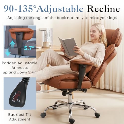 Image of DUMOS Big and Tall Home Office Desk Chair, Ergonomic Executive Chair with Footrest, Computer Gaming Chairs with High Back Reclining, Adjustable Armrests and Comfy Lumbar Support, PU Leather, Brown