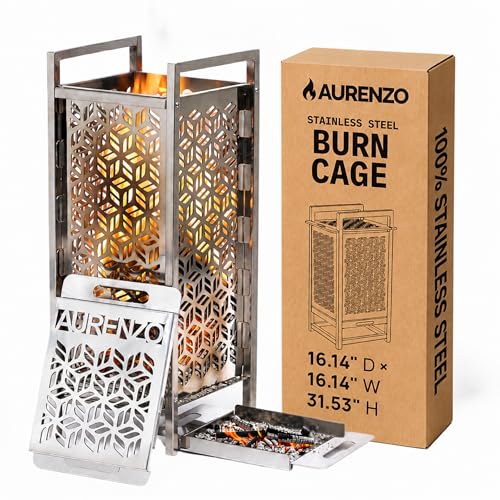 AURENZO Stainless Steel Burn Cage - Heavy Duty Yard Waste Burn Barrel with Removable Ash Catcher & Lid - Rust-Proof Incinerator for Wood Leaves Carton & Paper
