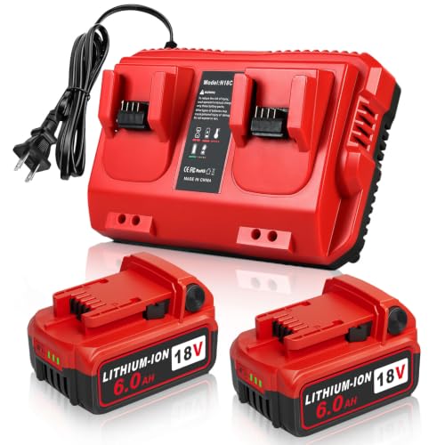 TeenPower Upgraded 18V 6.0Ah Batteries Replacement for Milwaukee M-18 Battery 2Pack and 1 Charger Set(2-Port)