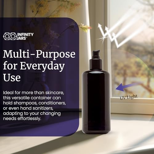 Infinity Jars Ultraviolet Glass Push Pump Bottle 200 Ml (6.8 fl oz) Refillable Containers for Lotion Homemade Cosmetics Make-up Skin Care Cream, Lotion, Shampoo, Conditioner Dispenser Bottles2