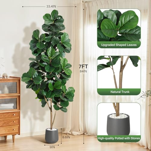 7FT Fiddle Leaf Fig Tree Artificial with 141 Leaves - Realistic Faux Ficus Lyrata Trees in 9" Grey Planter Pot, Indoor Fake Floor Plants for Home Office Living Room Decor, Housewarming Gift