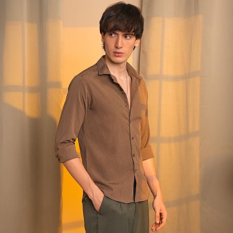 Image of CAHOOT Men's Veined-Textured Shirt | Casual Wear | Spread Collar | Long Sleeve | Button Closure | Shirt Crafted with Comfort Fit for Everyday Wear
