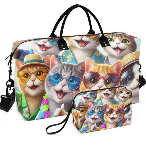 Funny Animals Cute Cats Duffle Bags Travel Toiletry Bags Set of 2, Cute Print Luggage Bag Weekend Bag Duffel