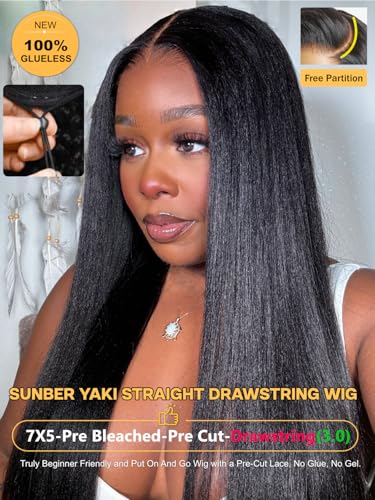 Image of Sunber Yaki Straight Human Hair Bye Bye Knots Pre Cut 7x5 Lace Front Wigs with Drawstring Upgrade 3D Cap Put On and Go 3S Wear Glueless Yaki Wigs Pre Plucked Pre Bleached Invisible Knots 20Inch