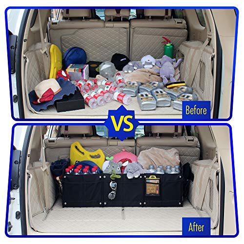 GEEDAR Large Trunk Organizer Car Organizers and Storage for SUV 3 Compartments Collapsible Portable Non-Slip Bottom Tie Down Straps (Gray)