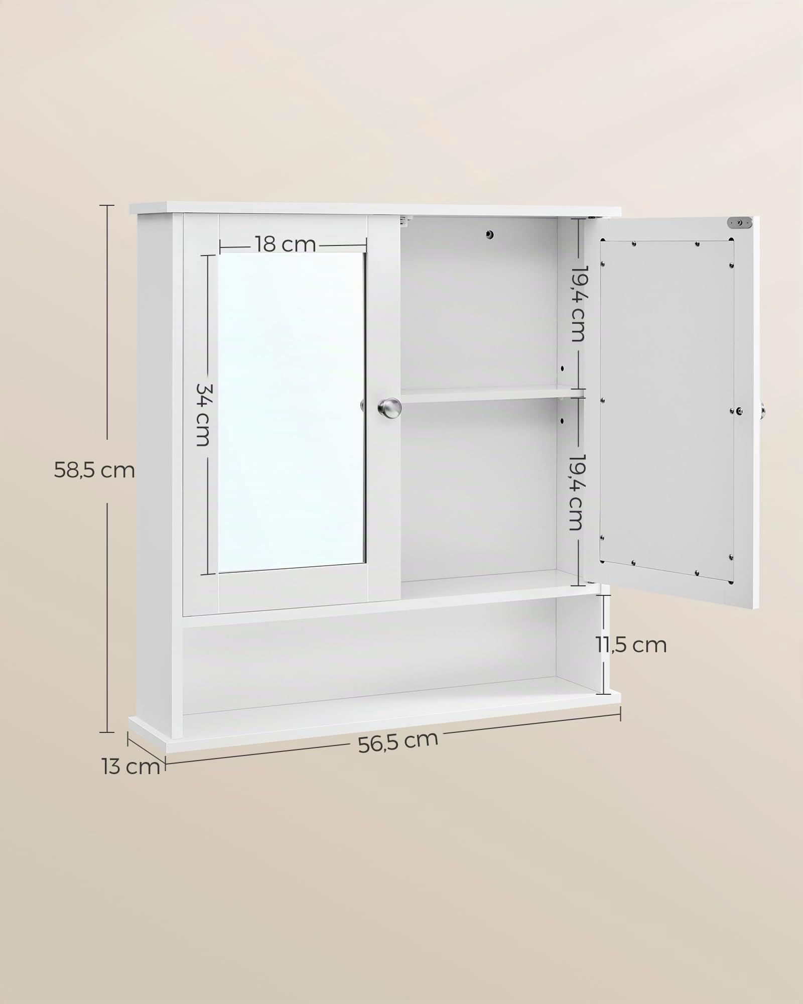 VASAGLE Armario con Espejo, Armario de Baño, Armario de Pared, Mueble Alto con 2 Puertas de Espejo y Compartimento Abierto, Balda Regulable, a Pared, 13 x 56,5 x 58,5 cm, Blanco LHC002