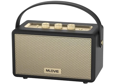 Image of MLOVE A200 Portable Retro Bluetooth Speaker with Aux Input, USB Port, Micro SD Card Slot - Decorative Wireless Bookshelf Speakers Battery Powered, House Warming Gifts for New Home, Black and Gold
