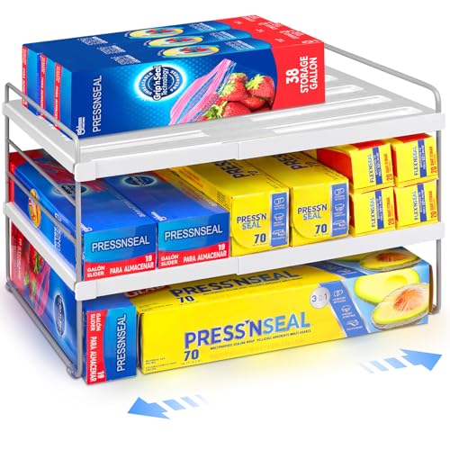 Cirhy Kitchen Wrap Organizer, Expandable Pantry Organizers and Storage, 3-Tier Foil and Plastic Wrap Organizer for Cabinet, Adjustable Shelf for Tin Foil, Ziplock Box, Saran Wrap (9.8-15.6')