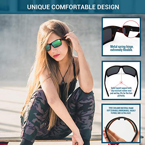 Torege Sports Polarized Sunglasses For Men Women Flexible Frame Cycling Running Driving Fishing Trekking Glasses Tr24 (Matte Tortoise& Black& Green Revo Lens) #TOP2