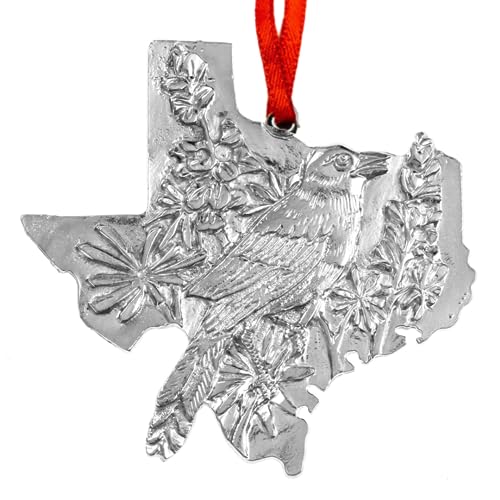 House of Morgan Pewter - Handmade Texas Gifts - Northern Mockingbird and Bluebonnet Flower in TX Outline (Texas)