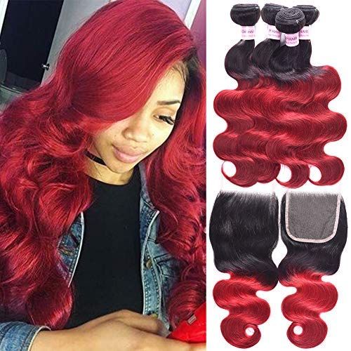 8A Ombre Human Hair Bundles 3 Bundles with Lace Closure Color 1B/Burg Ombre burgundy Brazilian Virgin Human Hair Body Wave Hair Weaves Extensions (12 14 16+14 Closure)