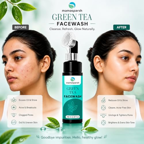 Image of Green Tea Face Wash with Silicone Brush Applicator | Deep Cleansing Face Wash for Oily & Combination Skin | Gentle Foaming Cleanser for Men & Women | Removes Dirt, Excess Oil & Impurities | 150 ml