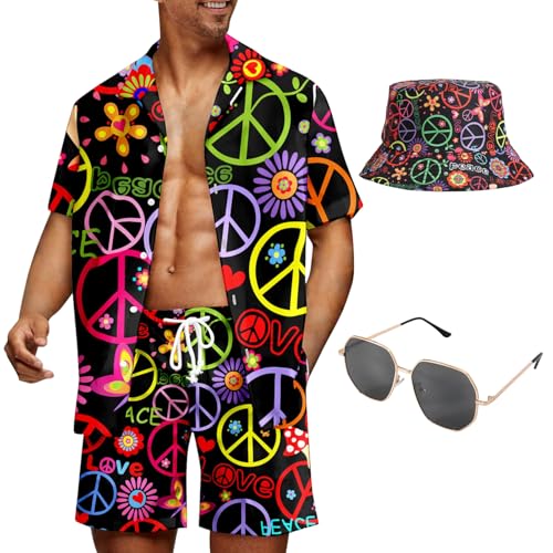 Camisas havaianas para homem, camisa calções homem chapéu óculos disfarce para adulto de praia verão tropical férias, Preto, Médio