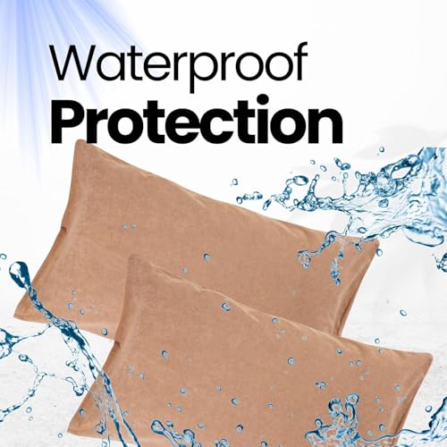 Image of Waterproof Terry Cotton Pillow Protector Cover with Zippered Closure | 18X28 Inch Standard Size Pillow Cover, Set of 2 | Dustproof Bedding Pillowcase for Protection (Beige)