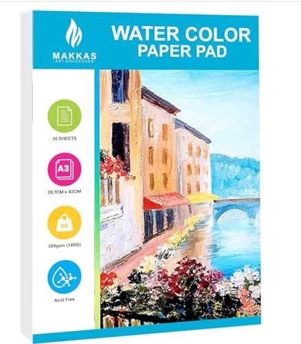 Papier aquarelle A3 grain fin Makkas 300g/m² coton de qualité supérieure