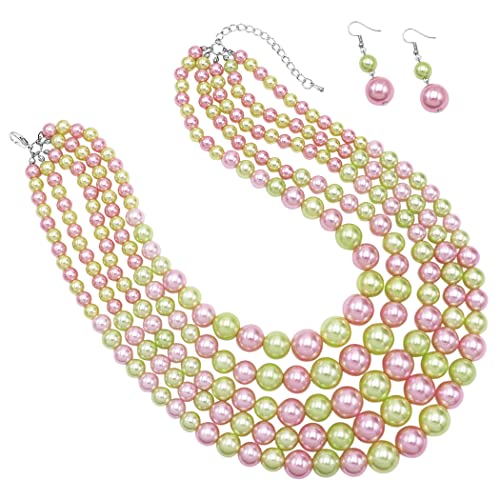 Rosemarie & Jubalee Women's Multi Strand Simulated Pearl Bib Necklace And Earrings Jewelry Set, 16"+3" Extender (Light Pink And Green Spring Mix Silver Tone) #TOP1