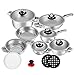 Velaze, Haru, 16 Pezzi - Set di Pentole e Padelle, Batteria di Pentole Chef Casseruola in Acciaio Inox Cromato Adatto per Piastre a Induzione, Coperchio in Vetro, Sistema Evaporativo, Argento