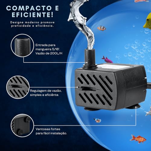 Bomba Submersa para Aquário, Fontes e Bebedouros Pet – Bivolt, 200 L/H, Silenciosa, Econômica e com