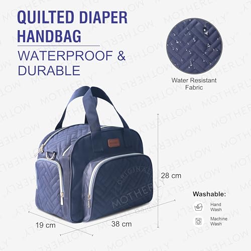 Image of Motherly Diaper Quilted Diaper Bag for Mothers for Travel with Changing Mat - Spacious Diaper Bags for Mom | Baby Bag with Multi-Pocket Design | Maternity Bags for Mother and Baby (Navy Blue)