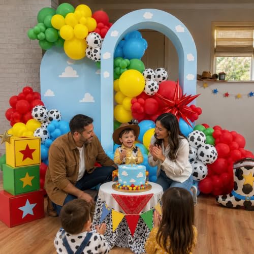 Image of HILAVO Toy Inspired Story Balloons, 12 Inch Cow Print Sky Blue Cloud Balloons Red Blue Yellow Green Balloons for Kids Boys Halloween Birthday Party Farm Themed Party Decorations
