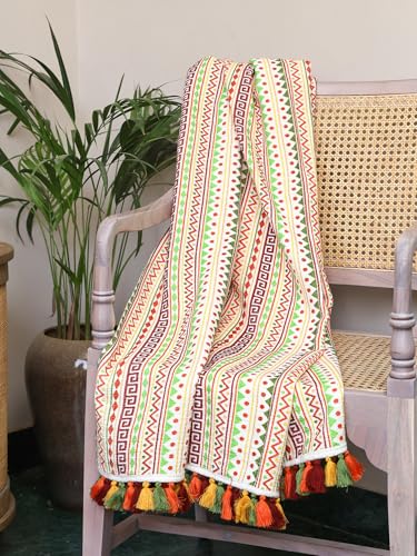 Image of Boho Striped Sofa Throw with Tassels, Multicolour