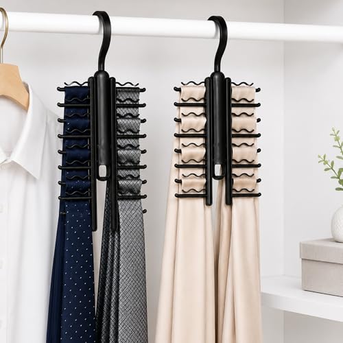 LEYDT Tie Hanger for Men – 2 Pack Space-Saving Tie Organizer for Closet – Durable Plastic Scarf & Belt Hanger – 20-Tie Capacity Rack, Black – Closet Organizer for Ties, Scarves & Accessories by LEYDT - Used condition - US$11.31