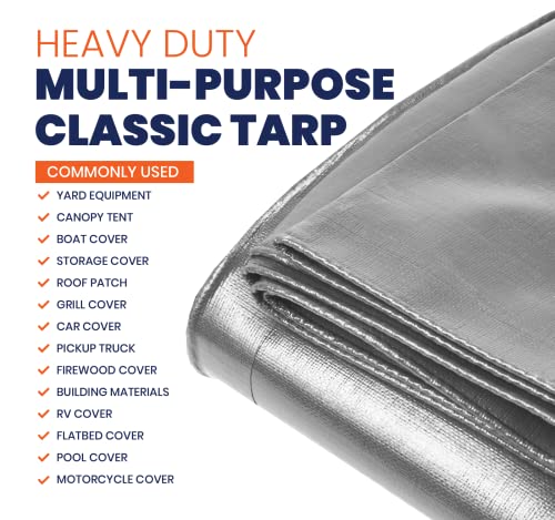 Image of Heavy Duty 7 Mil Tarp Cover, Waterproof, UV Resistant, Rip and Tear Proof, Poly Tarpaulin with Reinforced Edges for Roof, Camping, Patio, Pool Cover, Boat (Silver /Black 10′ X 12′)