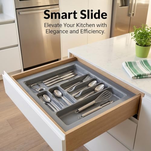 Image of SmartSlide 700 MM PVC Cutlery Tray For Kitchen Drawer Modular Kitchen Tandem Drawer Organizer | Adjustable Width & Depth | Grey Non-Slip Surface (700 x 535 MM)