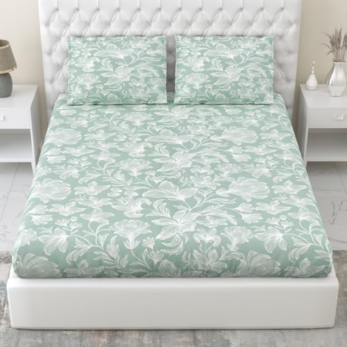 Image of Haus & Kinder Elastic Fitted Double Bed Bedsheet | 100% Combed Cotton 186 TC Bedsheets for Queen Size Bed | 60 X 78 X 10 Inches Elastic Bed Sheet with 2 Pillow Covers - Garden of Memories