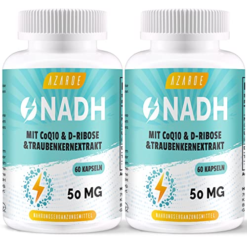 NADH 50mg Hochdosiert Zusammengesetzte Formel mit Coenzyme Q10 ATP-Produktion 60 Kapseln (2er Pack)