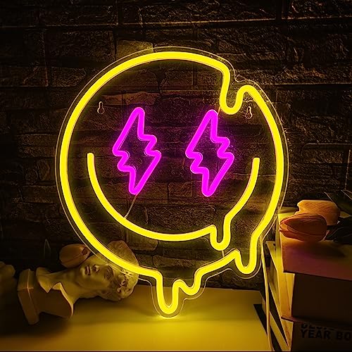 Image of Melting Smile Face Neon Sign Dimmable Melted Smiling Face Neon Signs for Wall Decor Neon Smile Light Signs for Kids Room Party Bedroom Wall Art Decor USB Powered Holiday Gift