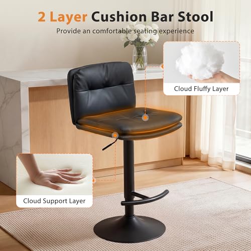 DRMBOOK Taburetes de Bar de Doble Capa, Tapizados Modernos para Barra de Altura Ajustable, Giratorios con Reposapiés, Sillas Altas para Isla de Cocina (Cuero PU Negro, Set de 3) miniatura 3