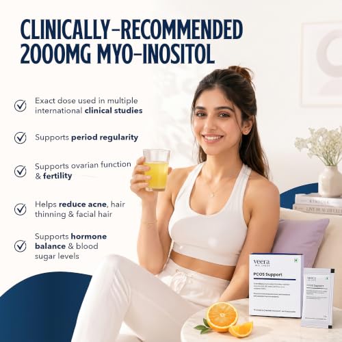 Image of Veera PCOS Support with Clinically-Approved 2000mg Myo-Inositol | Aids Regular Periods & Fertility| Helps Reduce Acne, Mood Swings & Facial Hair| Supports Weight Management| Vitamin D3, Folate & 12 Essential Multivitamins| 90 Orange Flavour Sachets