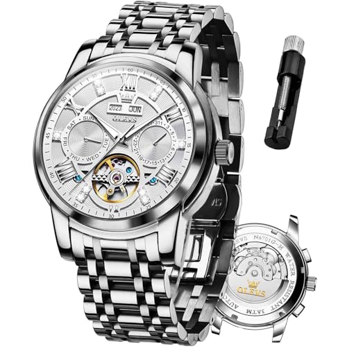 OLEVS Mens Watches Luxury Business Self Winding Tourbillon Day Date Watches for Men Silver Waterproof Stainless Steel Men's Wrist Watches